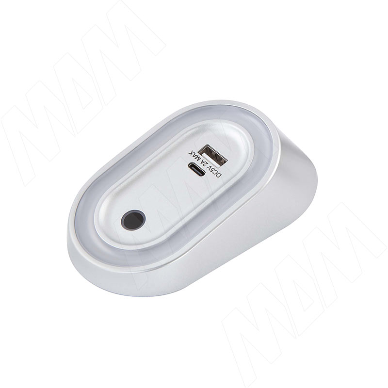 АУРА Светильник овальный с выключателем на взмах, диммируемый, USB, 12V, 2,5W, серебро, AURA (AU12-MSUSB-MCR-NW3)