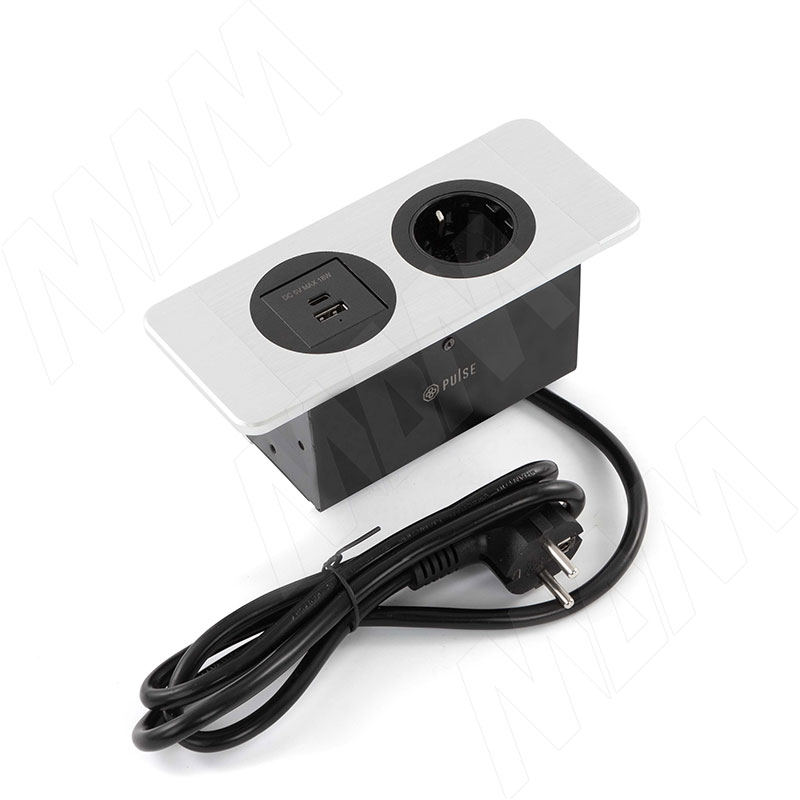 DESK открытый блок розеток, 188*80 мм, 1 розетка, 1 USB, 1 USB Type-C, быстрая зарядка, серебро (DS-S-1S1A1C-F-AL)