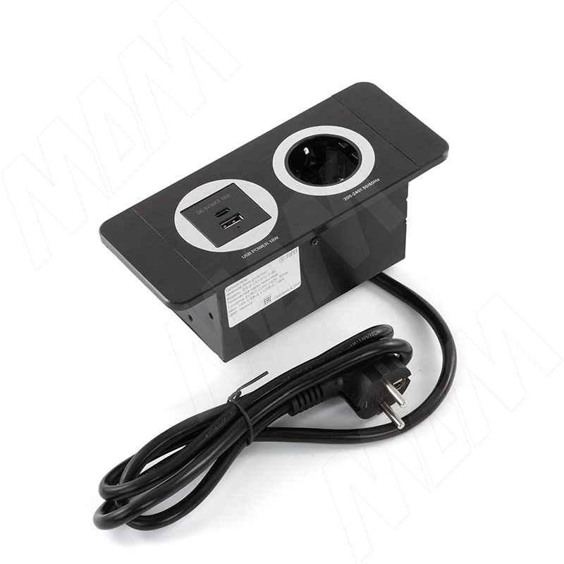 DESK открытый блок розеток, 188*80 мм, 1 розетка, 1 USB, 1 USB Type-C, быстрая зарядка, черный (DS-S-1S1A1C-F-BL)