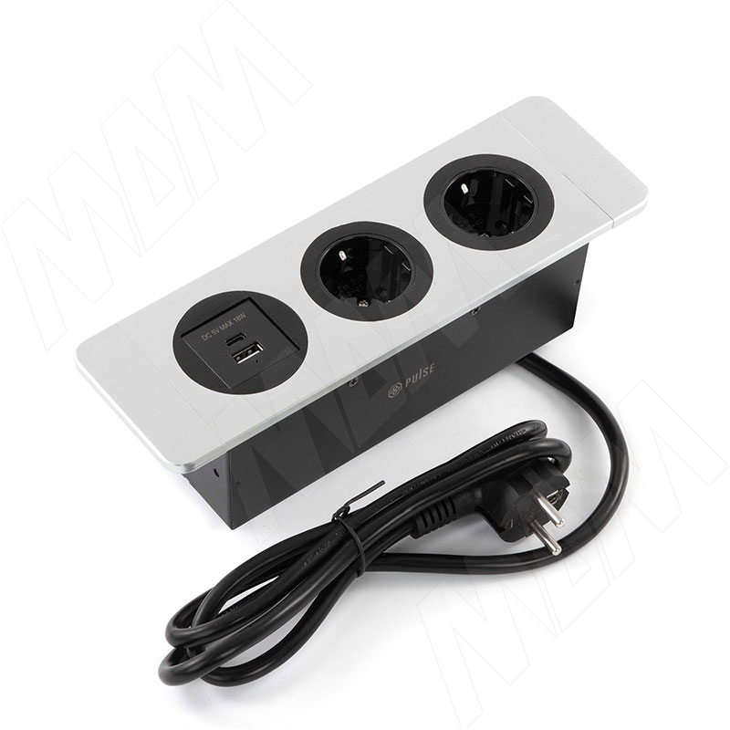 DESK открытый блок розеток, 254*80 мм, 2 розетки, 1 USB, 1 USB Type-C, быстрая зарядка, серебро (DS-S-2S1A1C-F-AL)