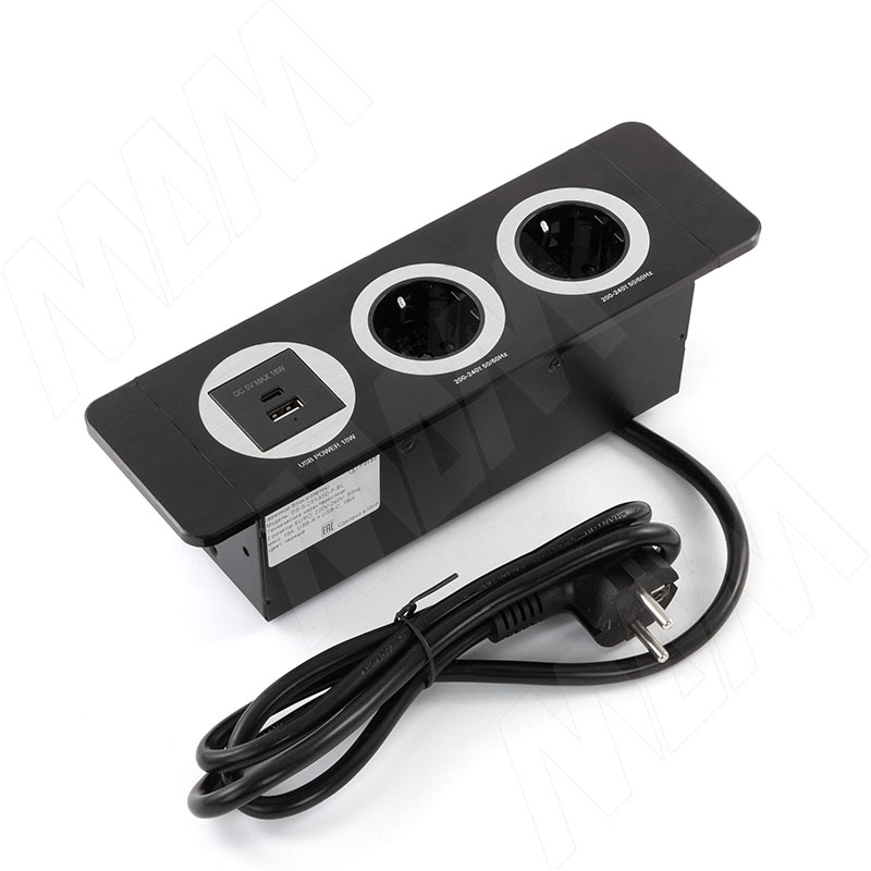 DESK открытый блок розеток, 254*80 мм, 2 розетки, 1 USB, 1 USB Type-C, быстрая зарядка, черный (DS-S-2S1A1C-F-BL)