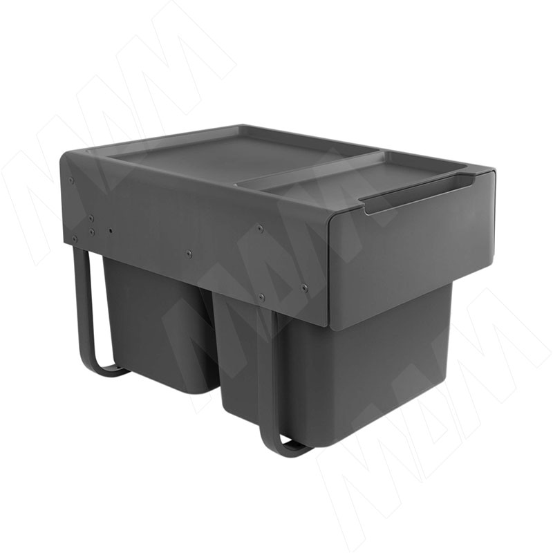 EASYBOX F40 Корзина встраиваемая для мусора выдвижная с доводчиком и крышкой-полкой, объём 30 (2x15) л, цвет тёмно-серый (EMB402-30DG)