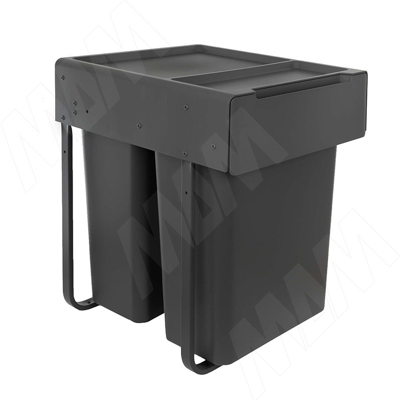 EASYBOX F45 Корзина встраиваемая для мусора выдвижная с доводчиком и крышкой-полкой, объём 60 (2x30) л, цвет тёмно-серый (EMB452-60DG)