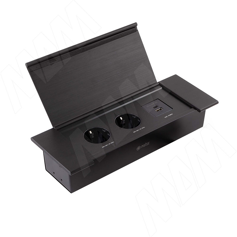 FLIP LUX блок розеток с откидной крышкой, 280*103 мм, 2 розетки, 1 USB, 1 USB Type-C, быстрая зарядка, черный (FU-S-2S1A1C-F-BL)