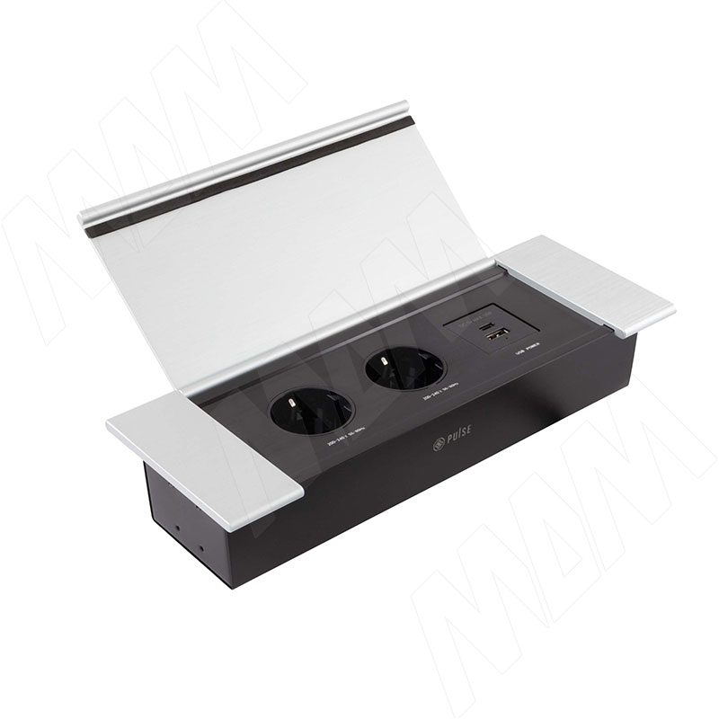 FLIP LUX блок розеток с откидной крышкой, 285*103 мм, 2 розетки, 1 USB, 1 USB Type-C, быстрая зарядка, серебро (FU-S-2S1A1C-F-AL)