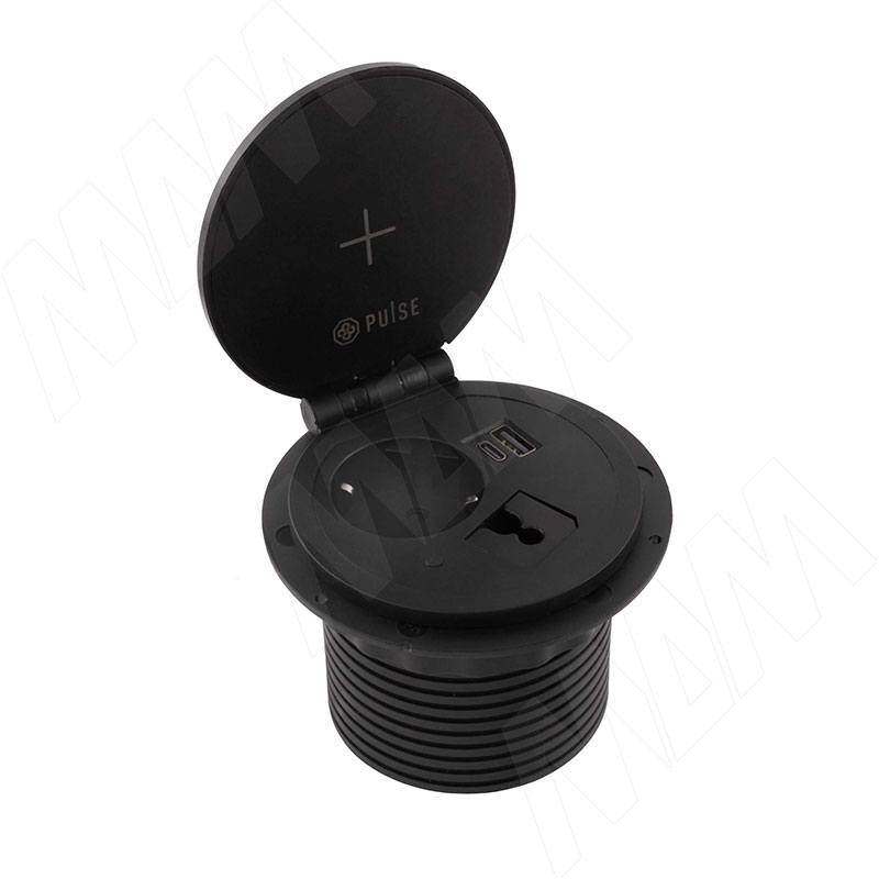 FLIP R блок розеток с откидной крышкой, d=105 мм, 1 розетка, 1 USB, 1 USB Type-C, быстрая зарядка, беспроводная зарядка, черный (FU-80-1S1A1C-FWH-BL)