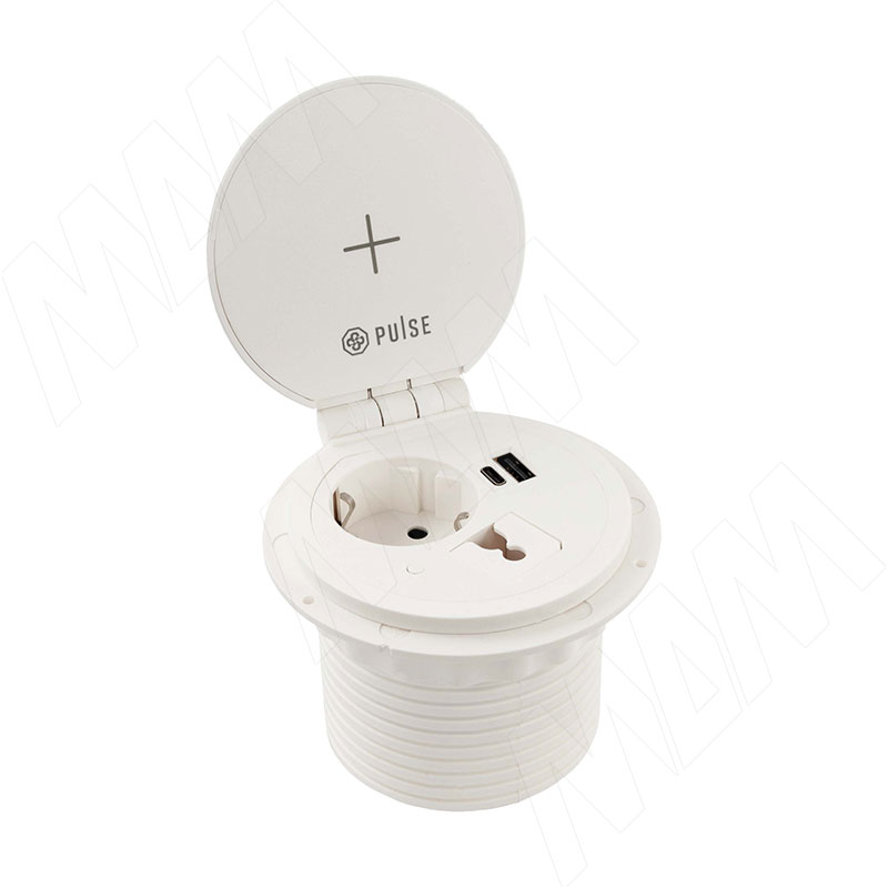 FLIP R блок розеток с откидной крышкой, d=105 мм, 1 розетка, 1 USB, 1 USB Type-C, быстрая зарядка, беспроводная зарядка, белый (FU-80-1S1A1C-FWH-WH)