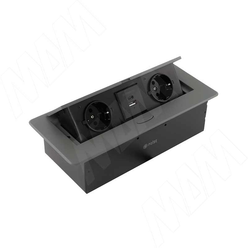 ПОП-АП Выдвижной блок розеток, 265*118 мм, 2 розетки, 1 USB, 1 USB Type-C, быстрая зарядка, графит, POP-UP (PU-S-2S1A1C-F-GR)
