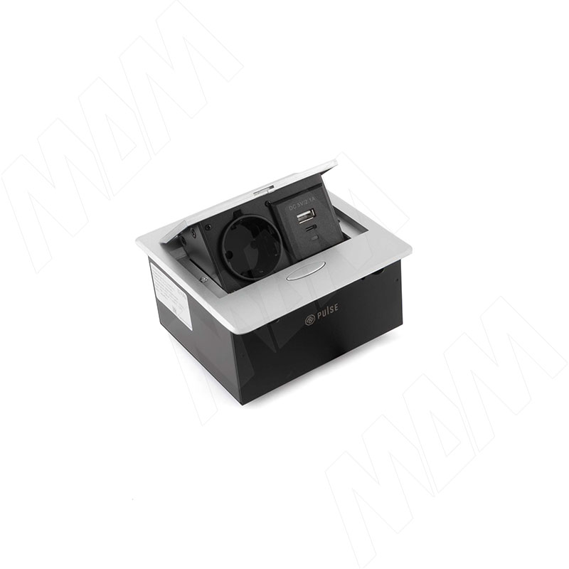 POP-UP выдвижной блок розеток, 137*134 мм, 1 розетка, 1 USB, 1 USB Type-C, серебро (PU-S-1S1A-AL)