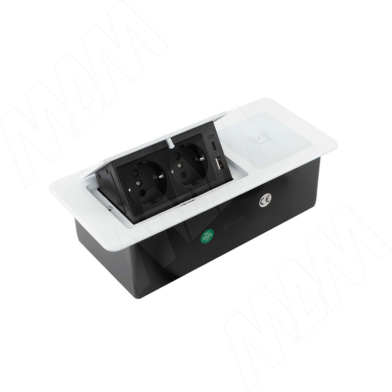 POP-UP выдвижной блок розеток, 265*118 мм, 2 розетки, 1 USB, 1 USB Type-C, быстрая зарядка, беспроводная зарядка, белый (PU-S-2S1A1C-FW-WH)