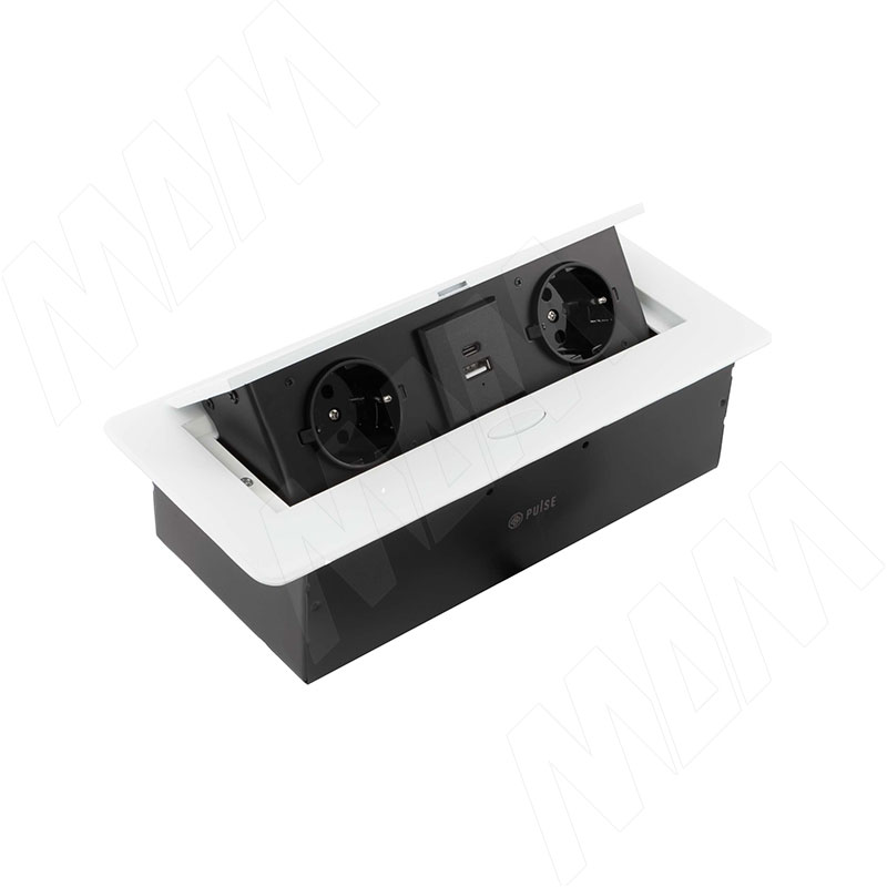 POP-UP выдвижной блок розеток, 265*118 мм, 2 розетки, 1 USB, 1 USB Type-C, быстрая зарядка, белый (PU-S-2S1A1C-F-WH)