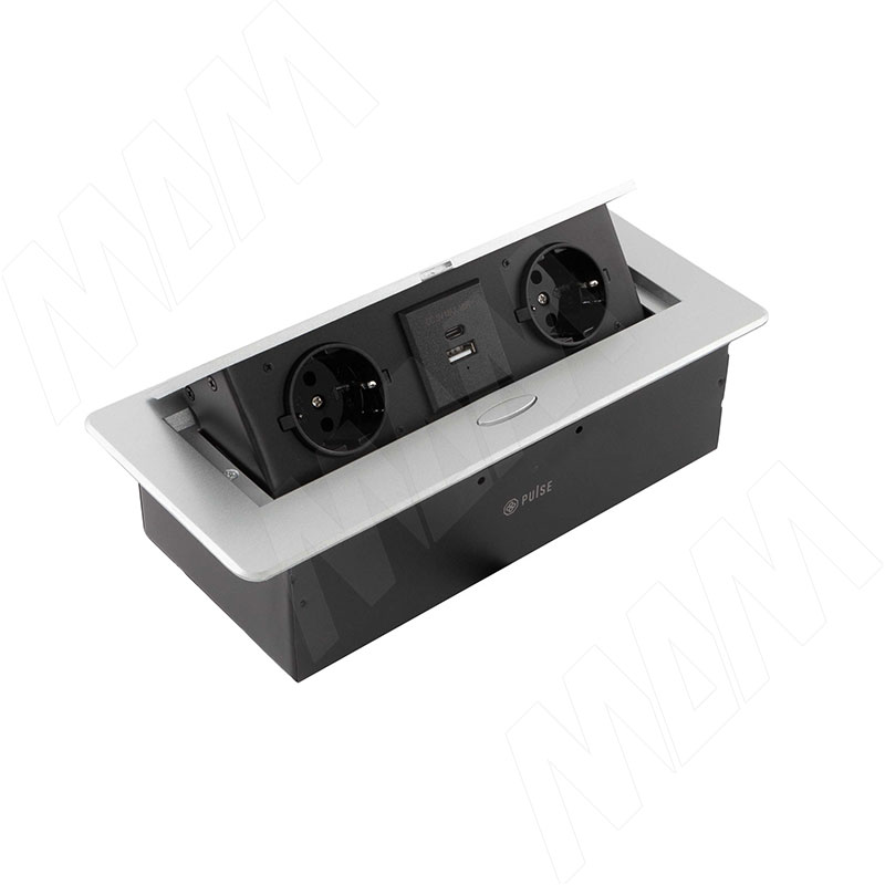 POP-UP выдвижной блок розеток, 265*118 мм, 2 розетки, 1 USB, 1 USB Type-C, быстрая зарядка, серебро (PU-S-2S1A1C-F-AL)