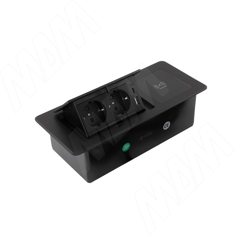 POP-UP выдвижной блок розеток, 265*118 мм, 2 розетки, 1 USB, 1 USB Type-C, быстрая зарядка, беспроводная зарядка, черный (PU-S-2S1A1C-FW-BL)