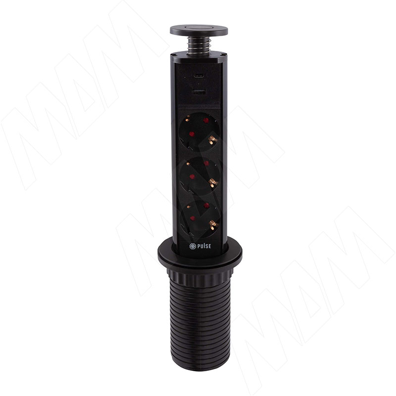 POST выдвижной блок розеток, d=60 мм, 3 розетки, 1 USB, 1 USB Type-C, быстрая зарядка, черный (PO-60-3S1A1C-F-BL)