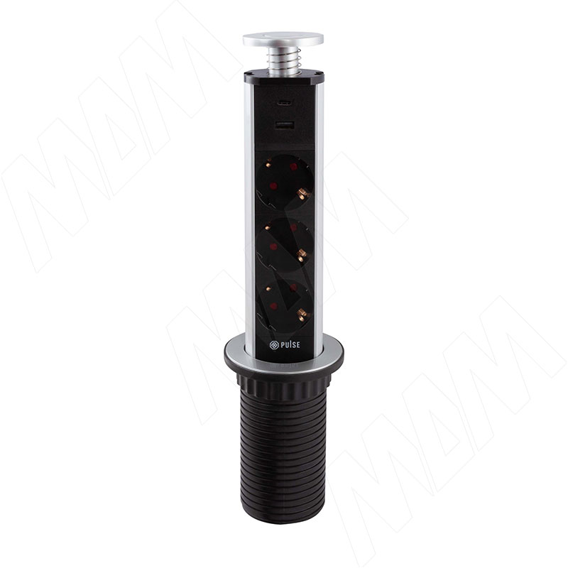 POST выдвижной блок розеток, d=60 мм, 3 розетки, 1 USB, 1 USB Type-C, быстрая зарядка, серебро (PO-60-3S1A1C-F-AL)