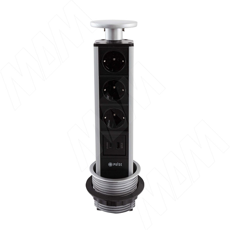 POST выдвижной блок розеток, d=90 мм, 3 розетки, 1 USB, 1 USB Type-C, быстрая зарядка, серебро (PO-90-3S1A1C-F-AL)