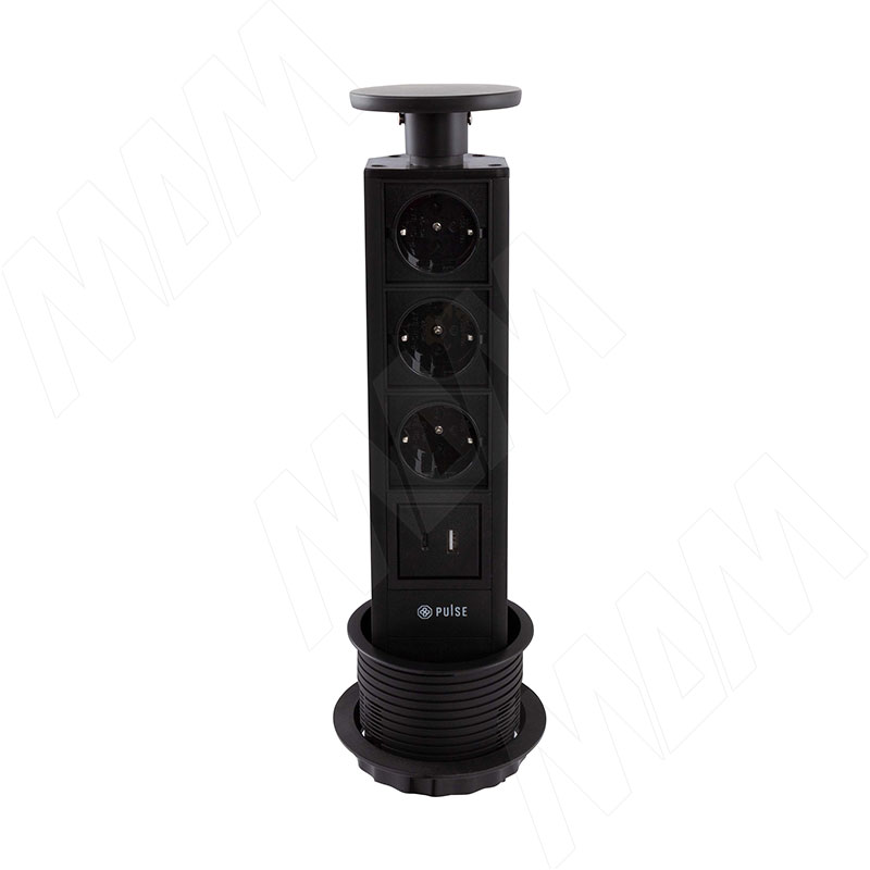 POST выдвижной блок розеток, d=90 мм, 3 розетки, 1 USB, 1 USB Type-C, черный (PO-90-3S1A1C-BL)