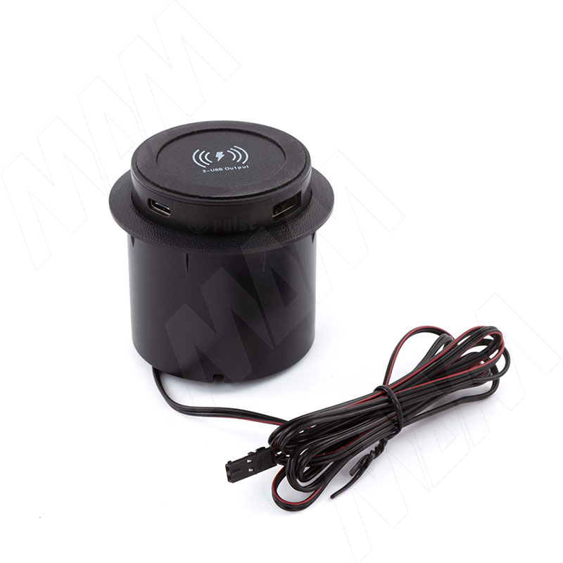 PUFF mini выдвижной блок розеток, d=60 мм, 1 USB, 1 USB Type-C, 12V беспроводная зарядка, 15W, черный (PU-60-1A1C-W-BL)