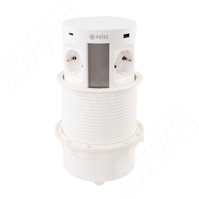 PUFF выдвижной блок розеток, d=122 мм, 4 розетки, 2 USB, 2 USB Type-C, быстрая зарядка, беспроводная зарядка, белый (PU-120-4S2A2C-FW-WH)