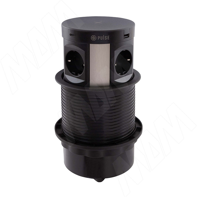 PUFF выдвижной блок розеток, d=122 мм, 4 розетки, 2 USB, 2 USB Type-C, быстрая зарядка, беспроводная зарядка, черный (PU-120-4S2A2C-FW-BL)
