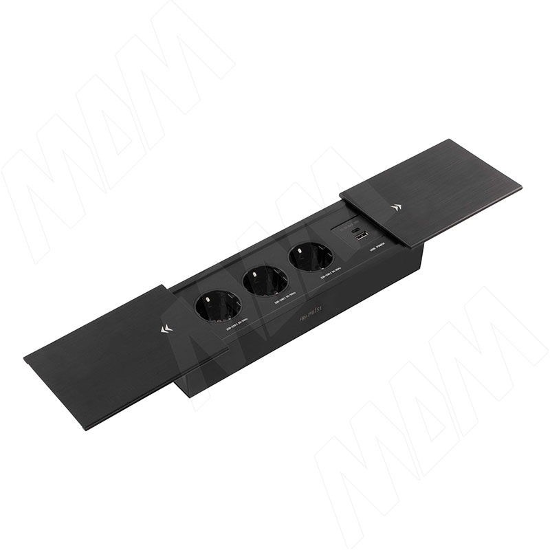 СЛАЙД Блок розеток с раздвижными крышками, 280х72 мм, 3 розетки, 1 USB, 1 USB Type-C, быстрая зарядка, черный, SLIDE (SLS-S-3S1A1C-F2-BL)