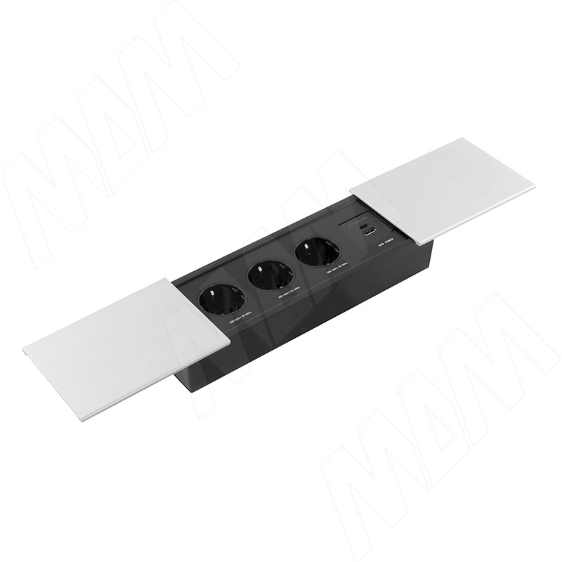 SLIDE блок розеток с раздвижными крышками, 280х72 мм, 3 розетки, 1 USB, 1 USB Type-C, быстрая зарядка, серебро (SLS-S-3S1A1C-F2-Al)