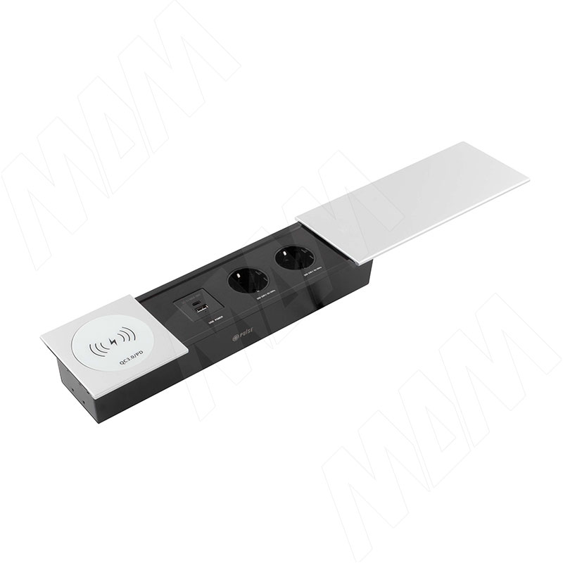 SLIDE блок розеток со сдвижной крышкой, 350*100 мм, 2 розетки, 1 USB, 1 USB Type-C, быстрая зарядка, беспроводная зарядка, серебро (SLS-S-2S1A1C-FW-AL)